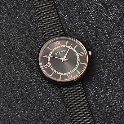 Strada Japanese Movement Watch with ION Plated Black Stainless Steel Mesh Strap (36mm) (5.00-7.00 Inches)