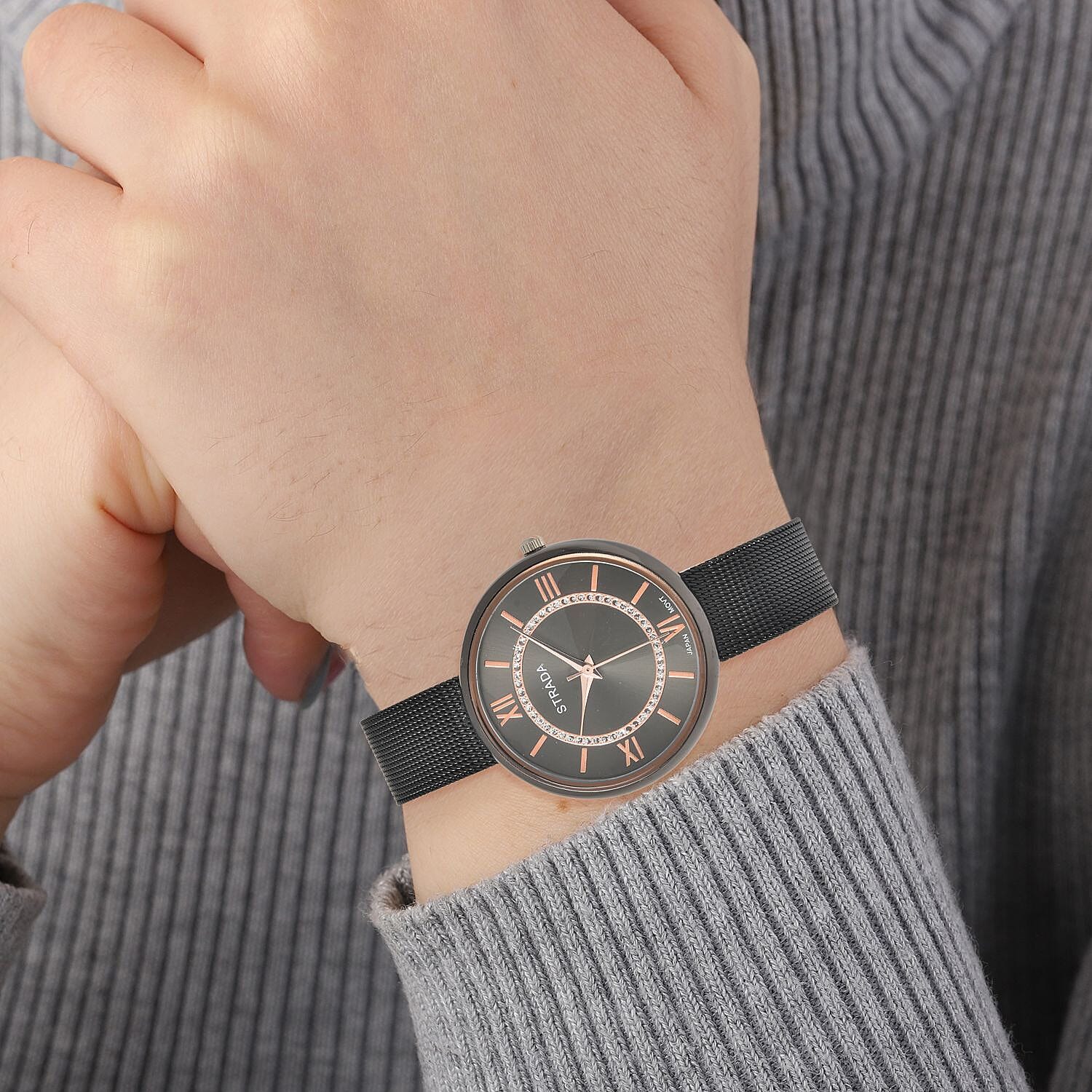 Strada Japanese Movement Watch with ION Plated Black Stainless Steel Mesh Strap (36mm) (5.00-7.00 Inches)