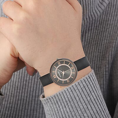 Strada Japanese Movement Watch with ION Plated Black Stainless Steel Mesh Strap (36mm) (5.00-7.00 Inches)