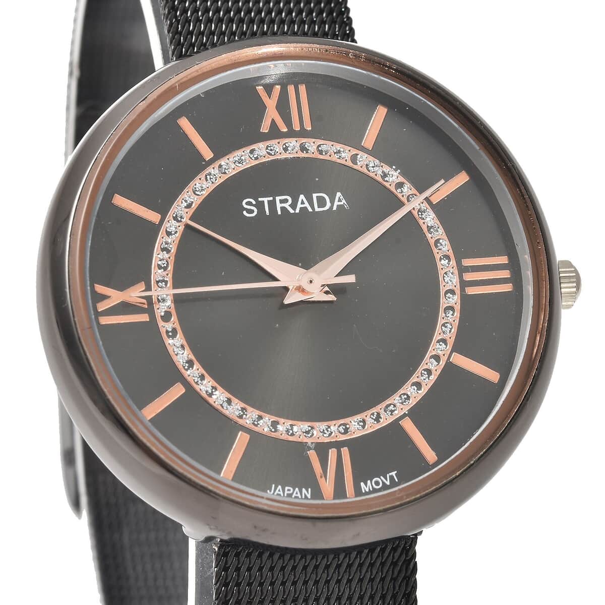 Strada Japanese Movement Watch with ION Plated Black Stainless Steel Mesh Strap (36mm) (5.00-7.00 Inches) image number 3