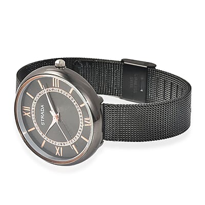 Strada Japanese Movement Watch with ION Plated Black Stainless Steel Mesh Strap (36mm) (5.00-7.00 Inches)