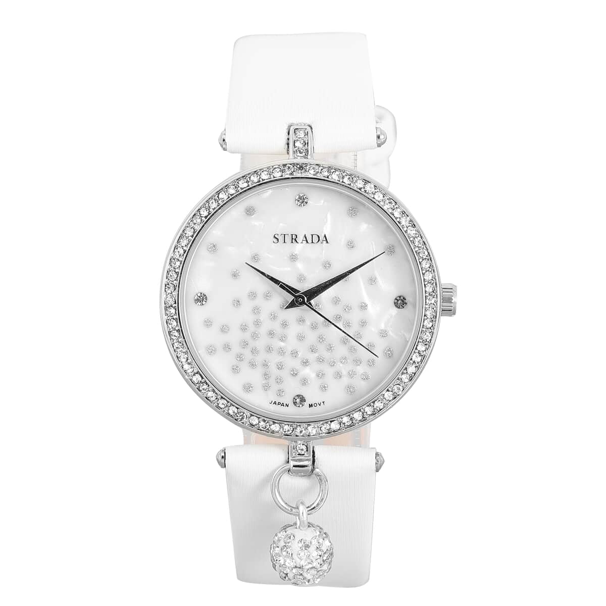 STRADA White Austrian Crystal, Silver Stardust Japanese Movement MOP Dial Watch in Silvertone with White Faux Leather Strap image number 0