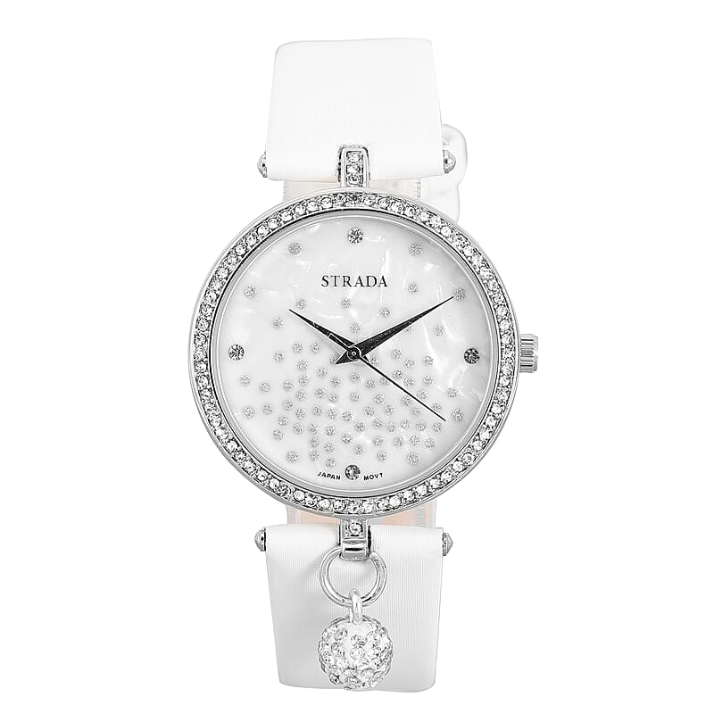 Strada White Austrian Crystal, Silver Stardust Japanese Movement Faux MOP Dial Watch in Silvertone with White Faux Leather Strap