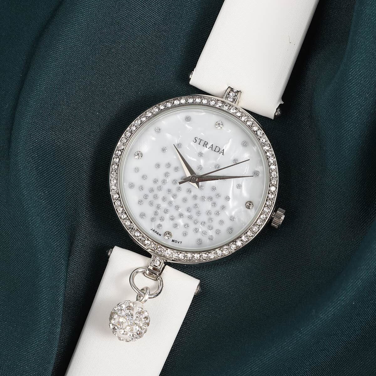 STRADA White Austrian Crystal, Silver Stardust Japanese Movement MOP Dial Watch in Silvertone with White Faux Leather Strap image number 1