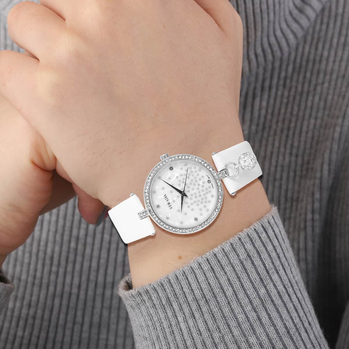 STRADA White Austrian Crystal, Silver Stardust Japanese Movement MOP Dial Watch in Silvertone with White Faux Leather Strap image number 2