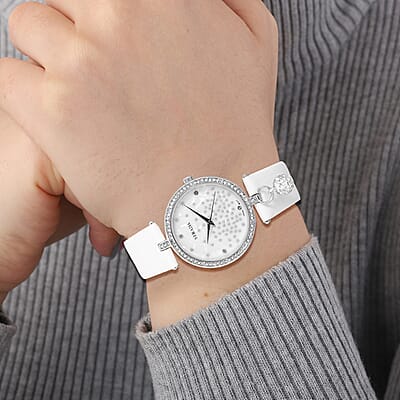 Strada White Austrian Crystal, Silver Stardust Japanese Movement Faux MOP Dial Watch in Silvertone with White Faux Leather Strap