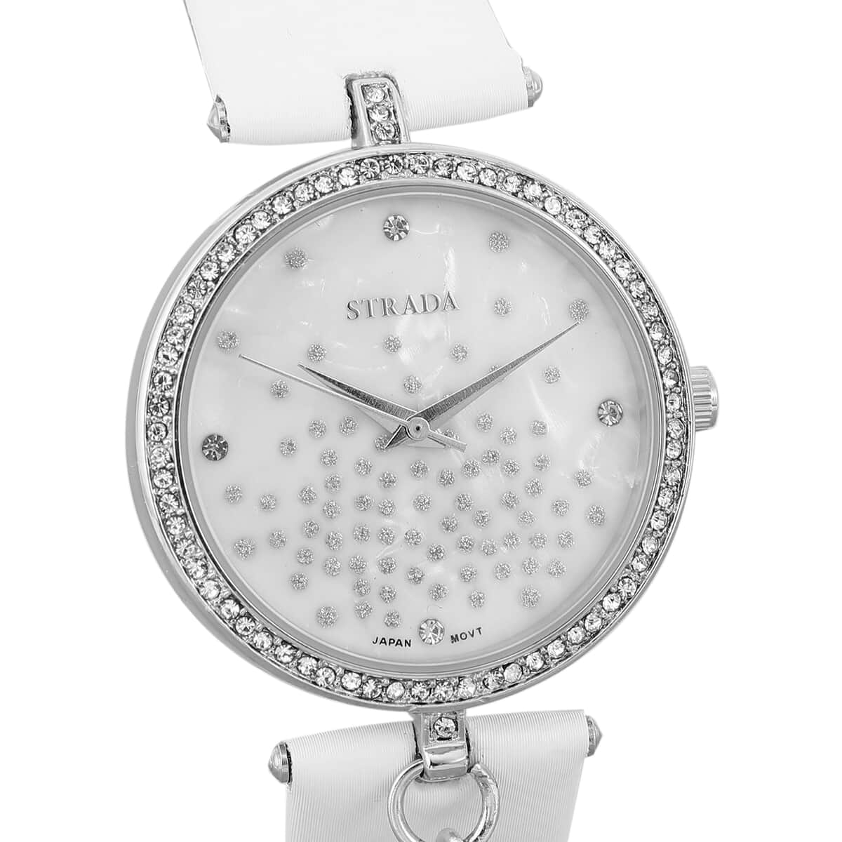 STRADA White Austrian Crystal, Silver Stardust Japanese Movement MOP Dial Watch in Silvertone with White Faux Leather Strap image number 3