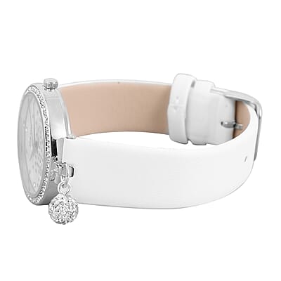 Strada White Austrian Crystal, Silver Stardust Japanese Movement Faux MOP Dial Watch in Silvertone with White Faux Leather Strap