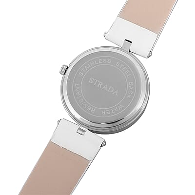 Strada White Austrian Crystal, Silver Stardust Japanese Movement Faux MOP Dial Watch in Silvertone with White Faux Leather Strap