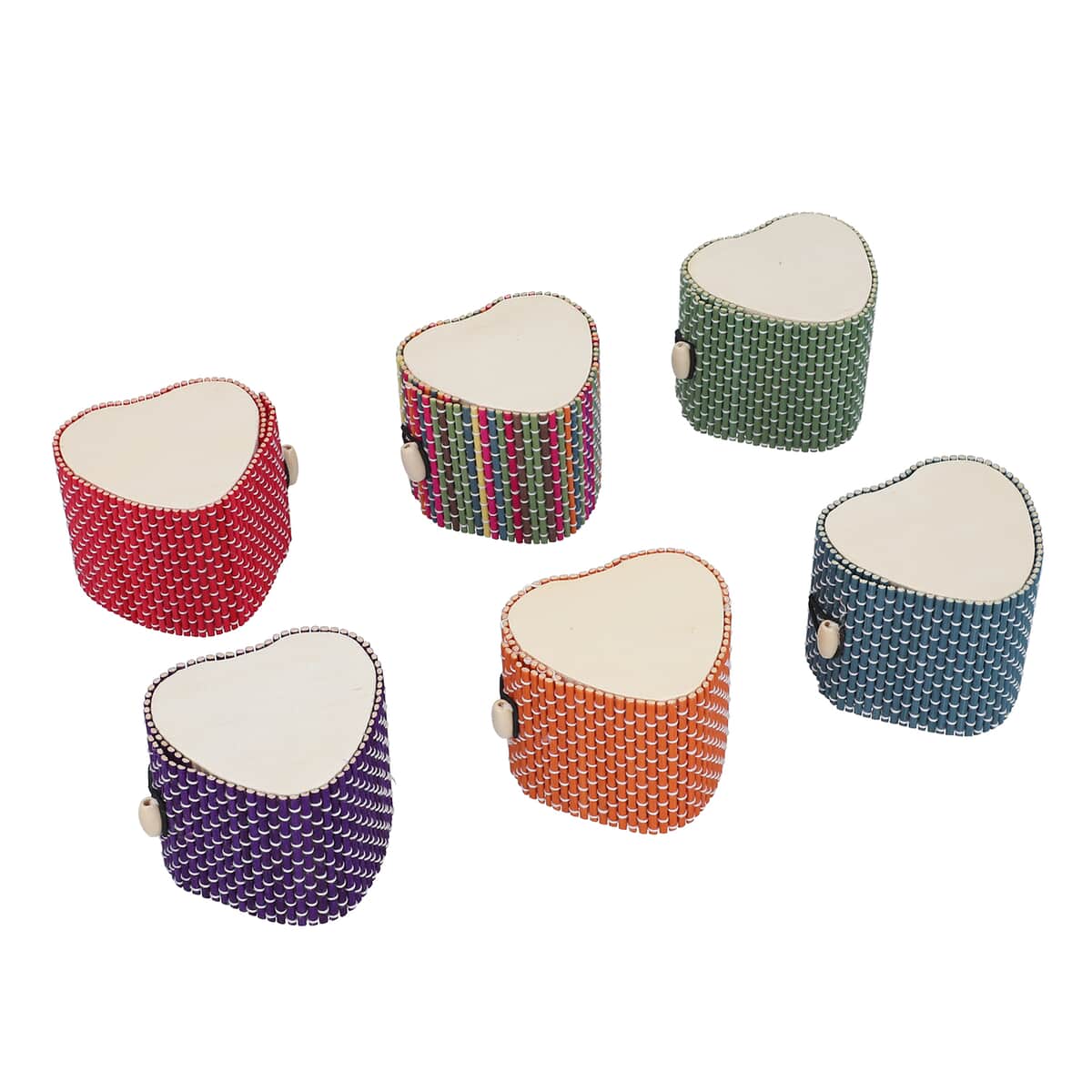 Set of 6 Multi Color Heart Shape Bamboo Jewelry Box image number 0