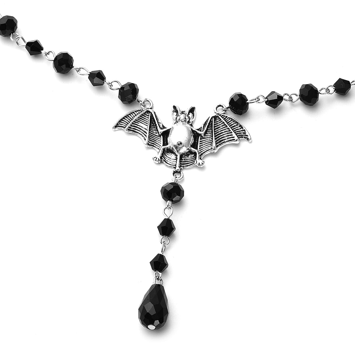 Halloween Simulated Black Diamond Bat Necklace (24 Inches) in Silvertone image number 2