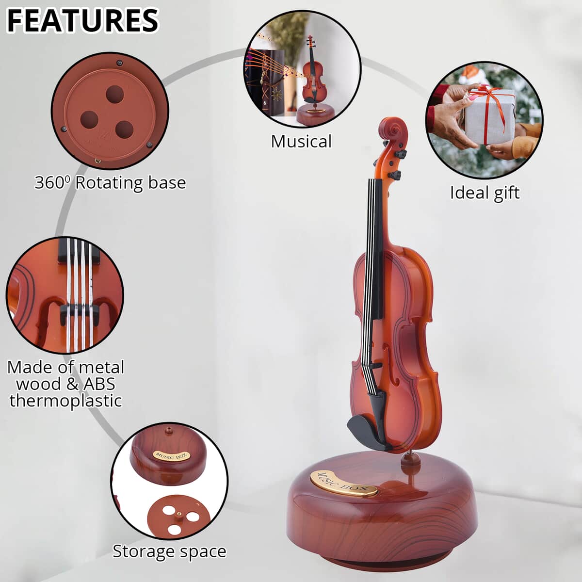 Brown Rotating Violin Shape Music Box (3.74"x3.74"x8.27") image number 2