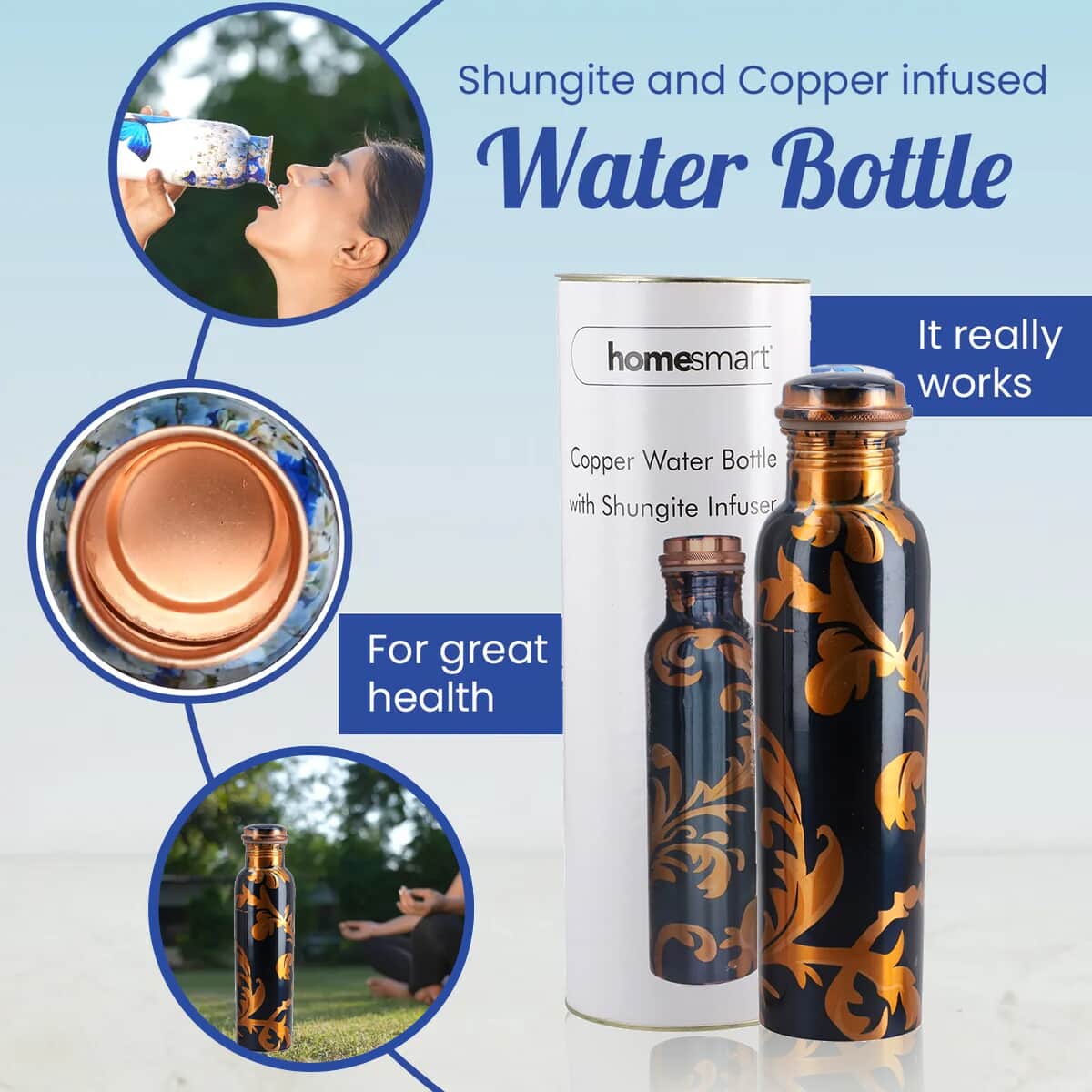 HOMESMART Leaf Printed Solid Copper Bottle with Elite Shungite and Copper Infuser 33.81 oz , Copper Water Bottle , Infused Bottle , Infuser Water Bottle , Water Infuser image number 2