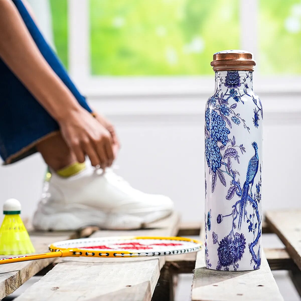 HOMESMART Bird Printed Solid Copper Bottle with Elite Shungite and Copper Infuser 33.81 oz , Copper Water Bottle , Infused Bottle , Infuser Water Bottle , Water Infuser image number 1