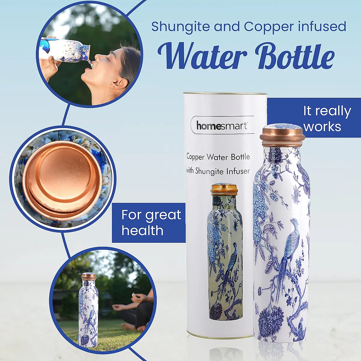 HOMESMART Bird Printed Solid Copper Bottle with Elite Shungite and Copper Infuser 33.81 oz , Copper Water Bottle , Infused Bottle , Infuser Water Bottle , Water Infuser image number 2