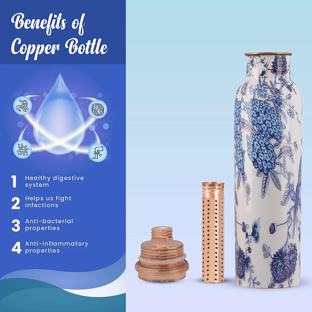 HOMESMART Bird Printed Solid Copper Bottle with Elite Shungite and Copper Infuser 33.81 oz , Copper Water Bottle , Infused Bottle , Infuser Water Bottle , Water Infuser image number 3