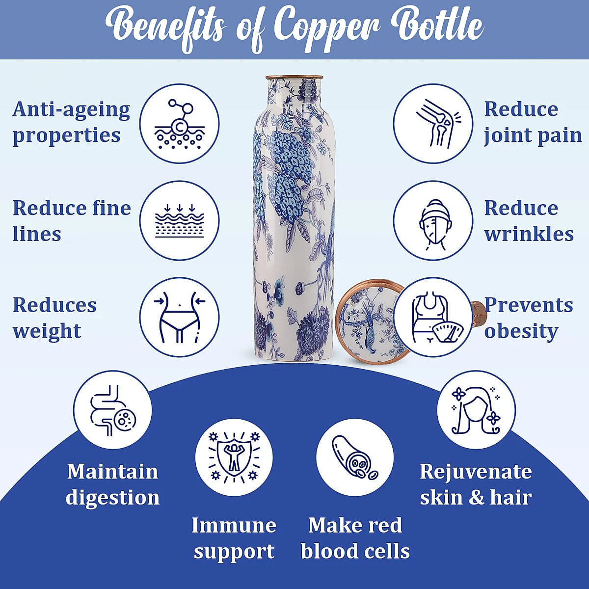 HOMESMART Bird Printed Solid Copper Bottle with Elite Shungite and Copper Infuser 33.81 oz , Copper Water Bottle , Infused Bottle , Infuser Water Bottle , Water Infuser image number 4