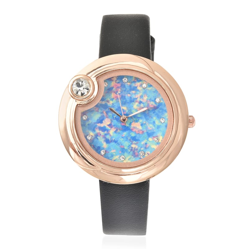 Genoa Austrian Crystal Miyota Japanese Movement Watch with Simulated Opal Dial and Black Vegan Leather Strap