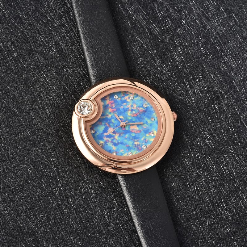 Genoa Austrian Crystal Miyota Japanese Movement Watch with Simulated Opal Dial and Black Vegan Leather Strap