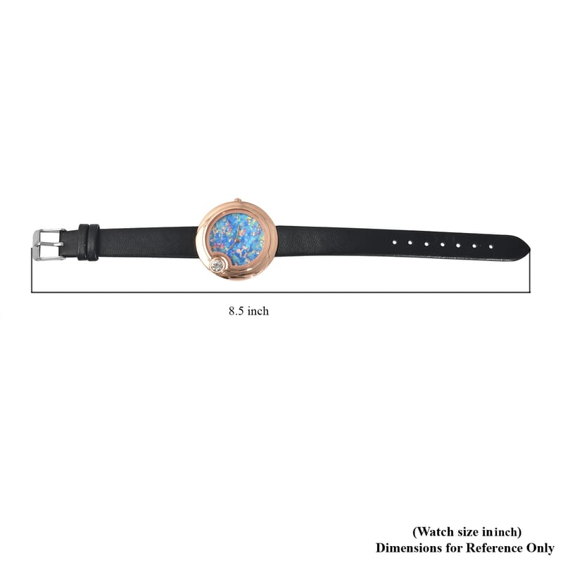 Genoa Austrian Crystal Miyota Japanese Movement Watch with Simulated Opal Dial and Black Vegan Leather Strap