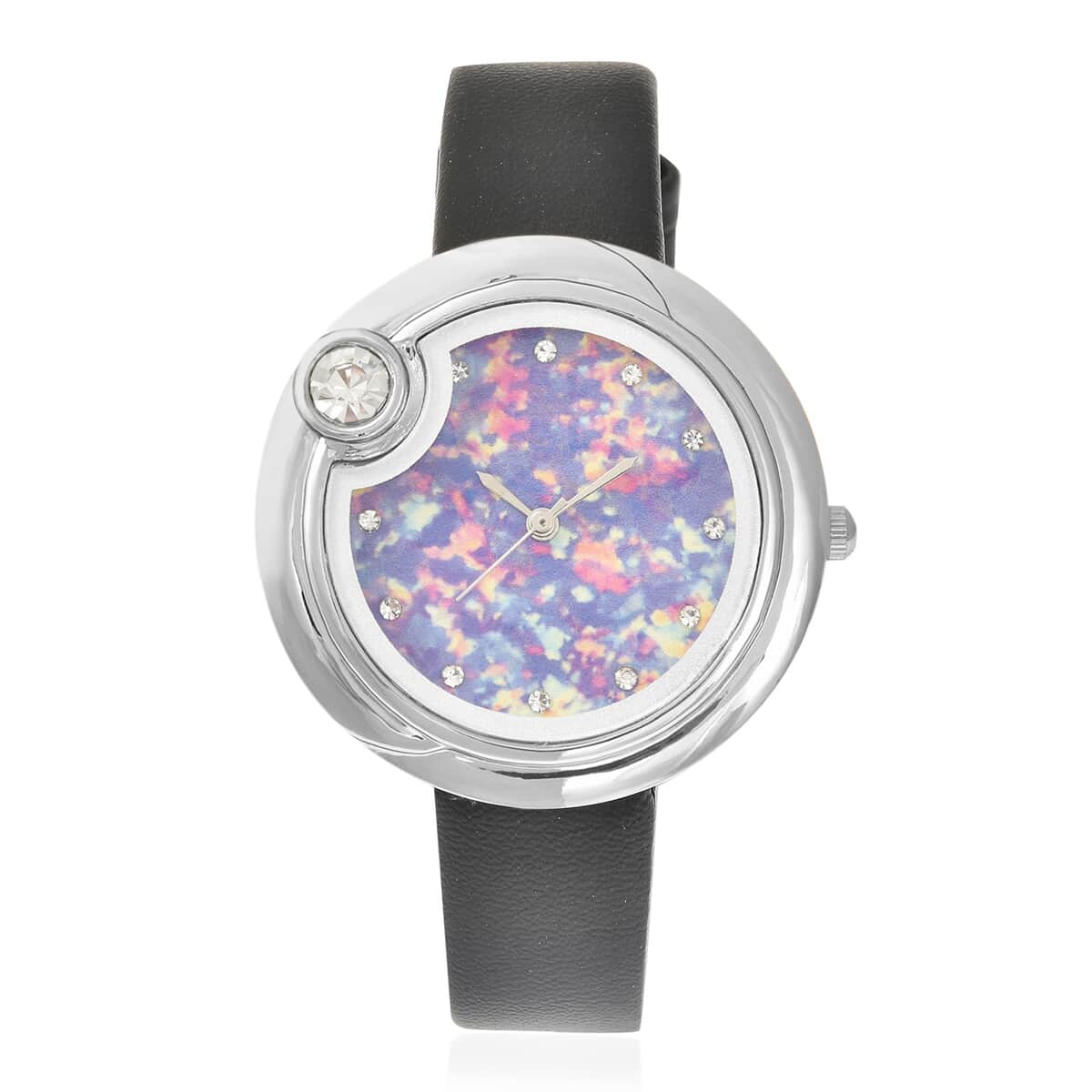 Genoa Austrian Crystal Miyota Japanese Movement Watch with Simulated Opal Dial and Black Vegan Leather Strap image number 0