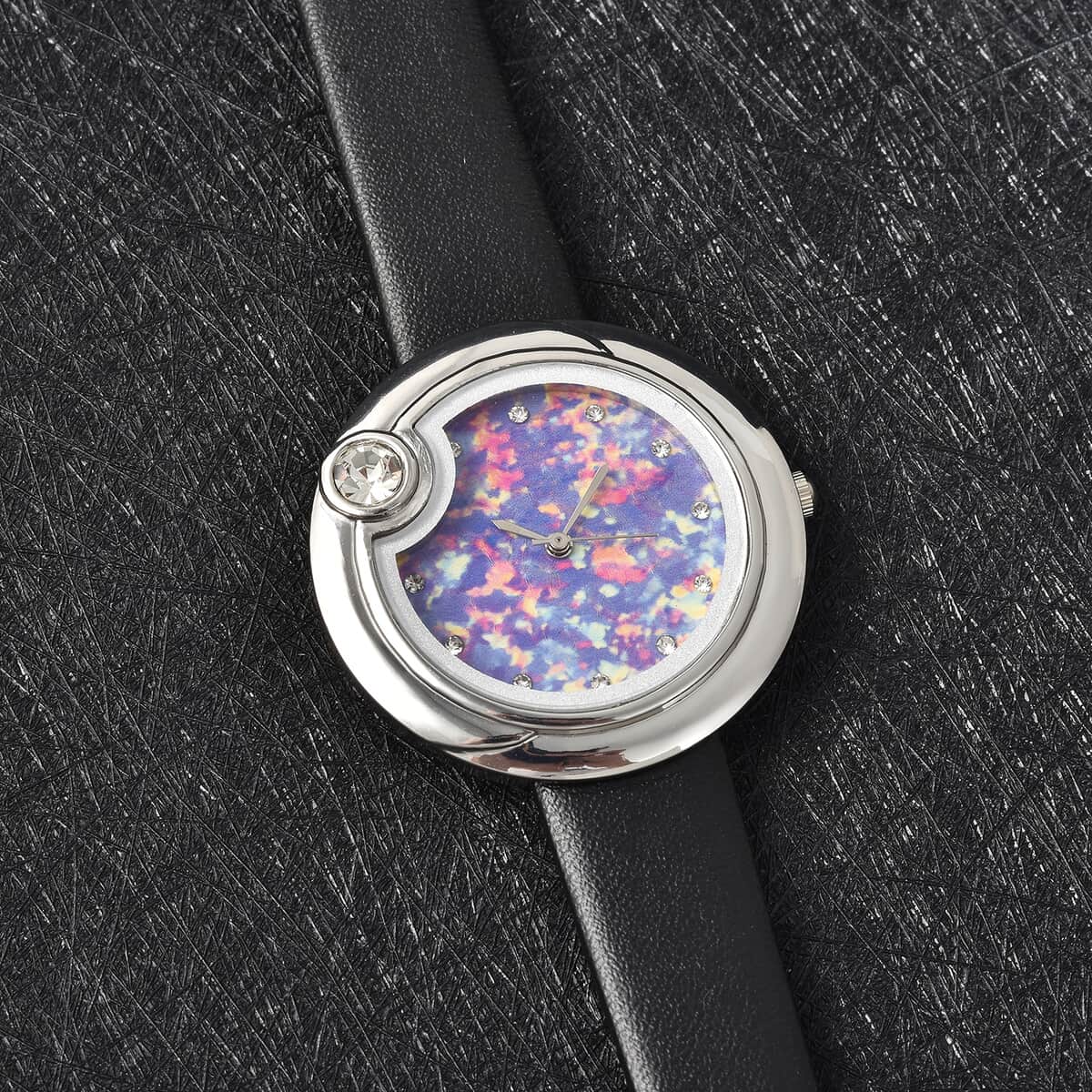 Genoa Austrian Crystal Miyota Japanese Movement Watch with Simulated Opal Dial and Black Vegan Leather Strap image number 1