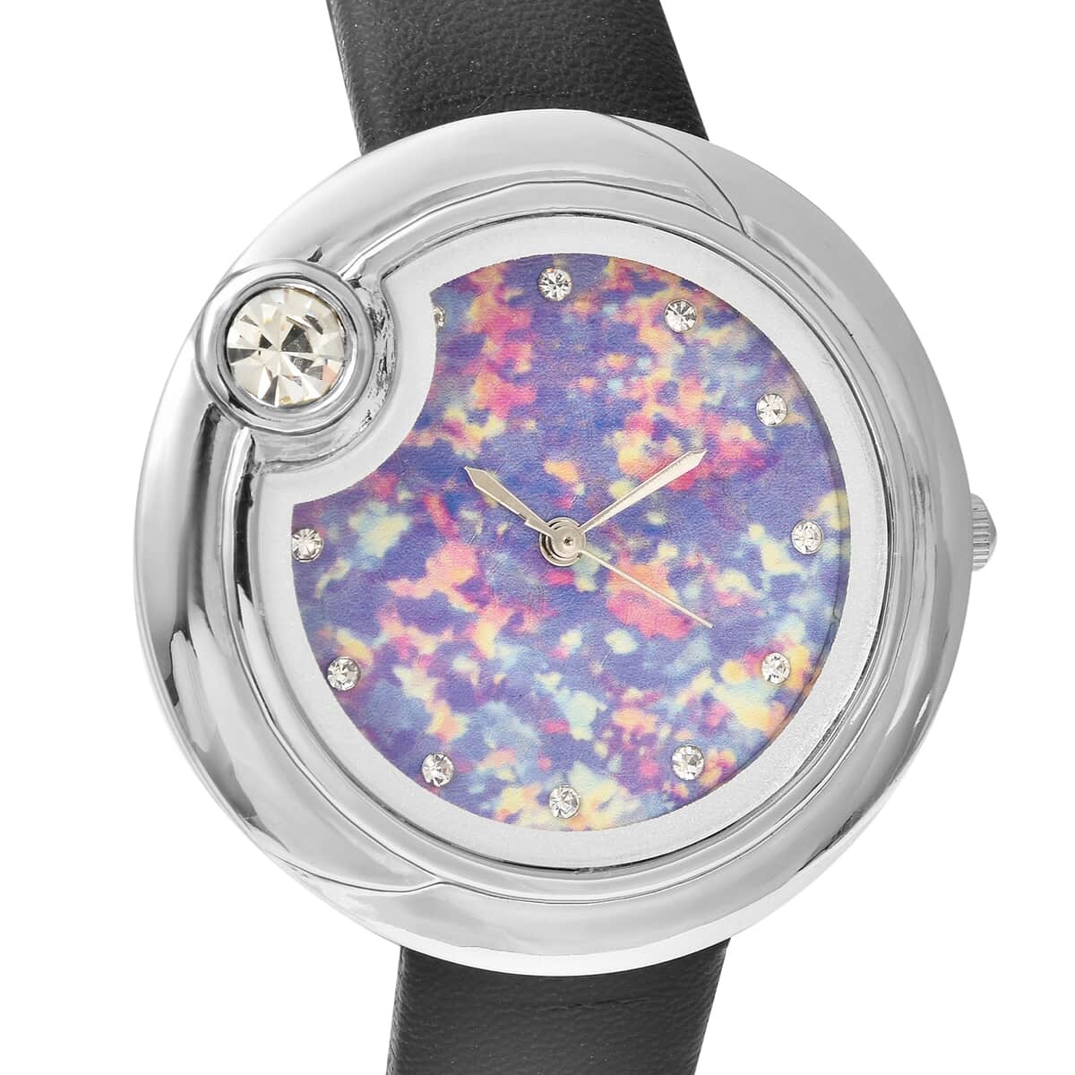 Genoa Austrian Crystal Miyota Japanese Movement Watch with Simulated Opal Dial and Black Vegan Leather Strap image number 3