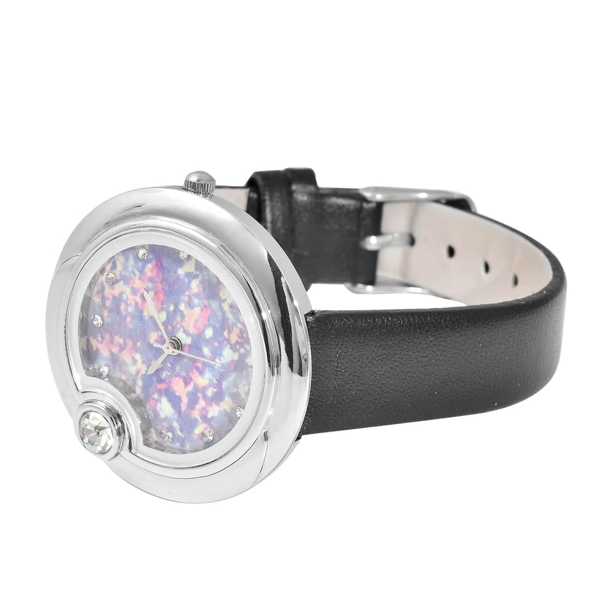 Genoa Austrian Crystal Miyota Japanese Movement Watch with Simulated Opal Dial and Black Vegan Leather Strap image number 4