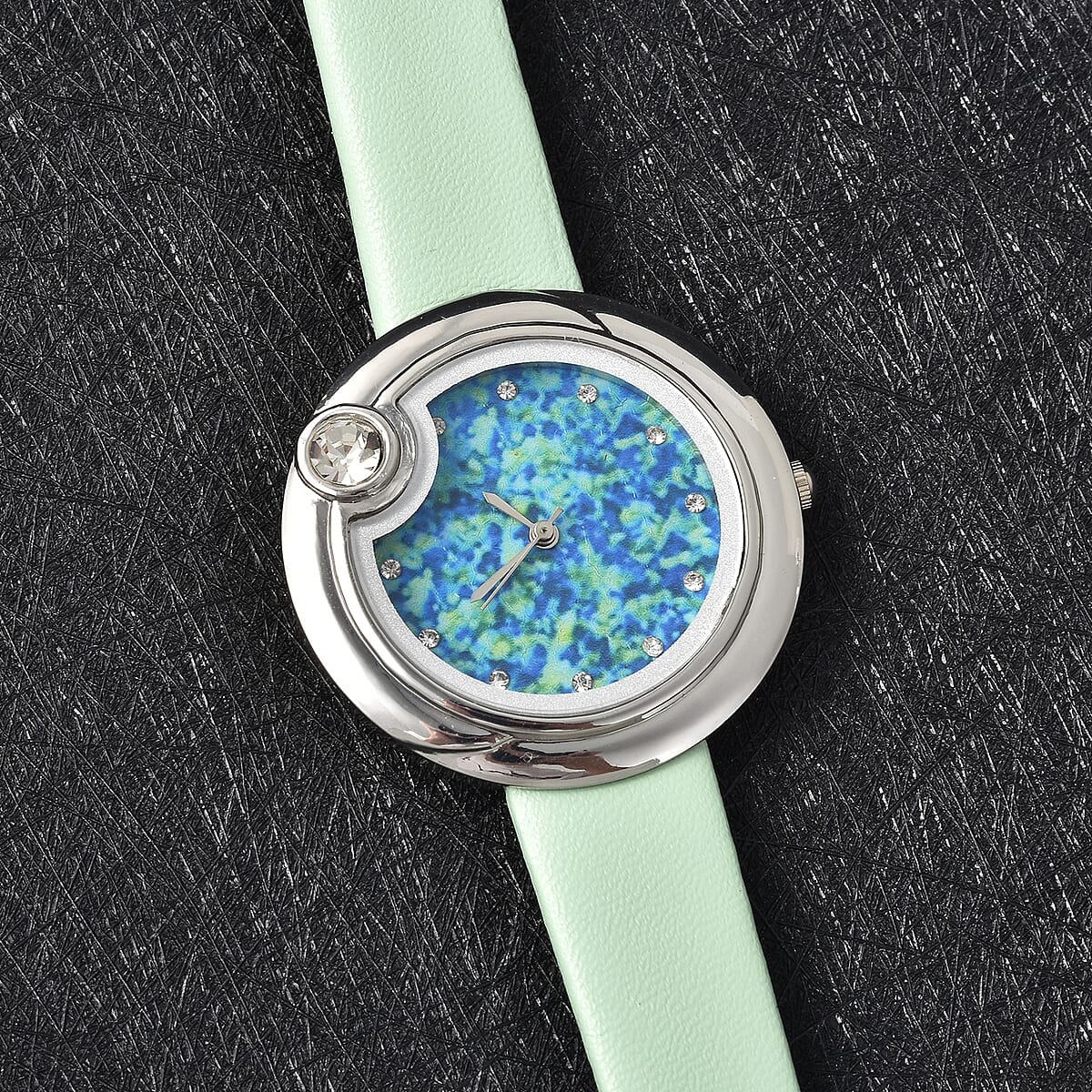 Genoa Austrian Crystal Miyota Japanese Movement Watch with Simulated Opal Dial and Light Green Vegan Leather Strap image number 1