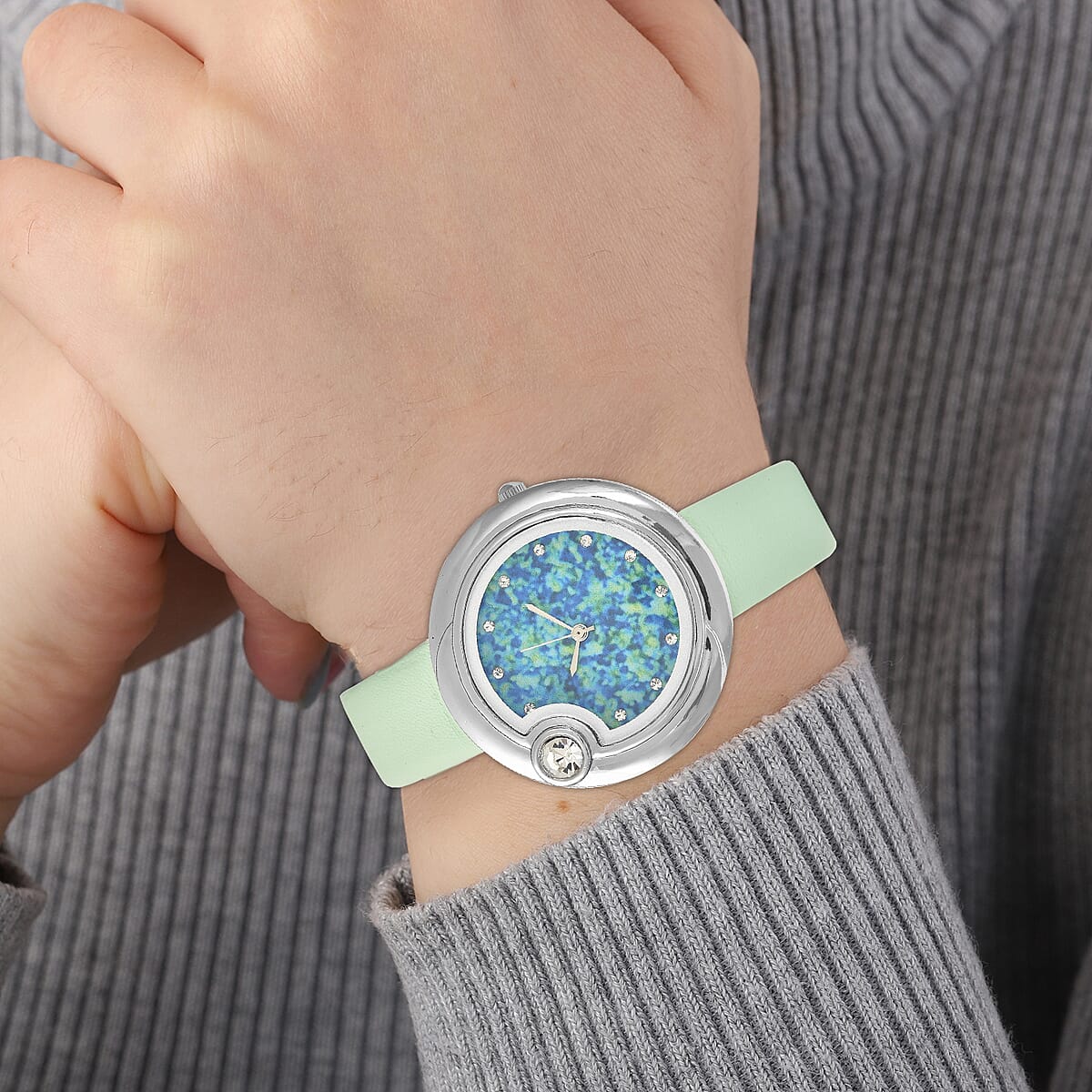 Genoa Austrian Crystal Miyota Japanese Movement Watch with Simulated Opal Dial and Light Green Vegan Leather Strap image number 2