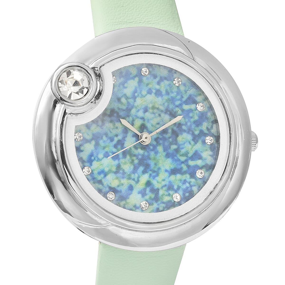 Genoa Austrian Crystal Miyota Japanese Movement Watch with Simulated Opal Dial and Light Green Vegan Leather Strap image number 3