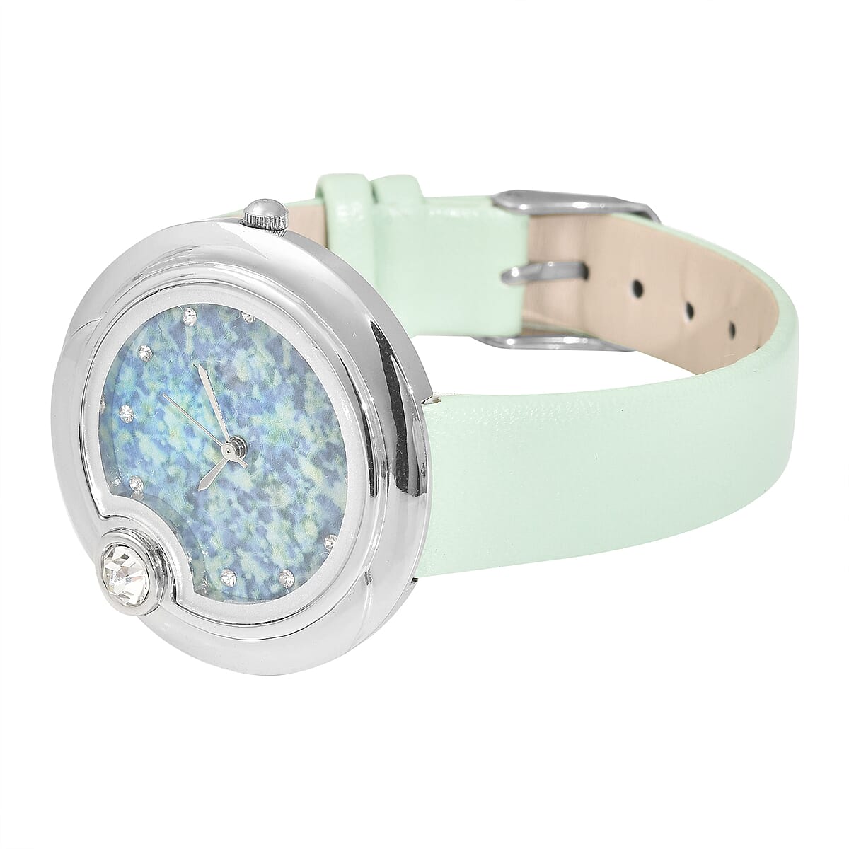 Genoa Austrian Crystal Miyota Japanese Movement Watch with Simulated Opal Dial and Light Green Vegan Leather Strap image number 4