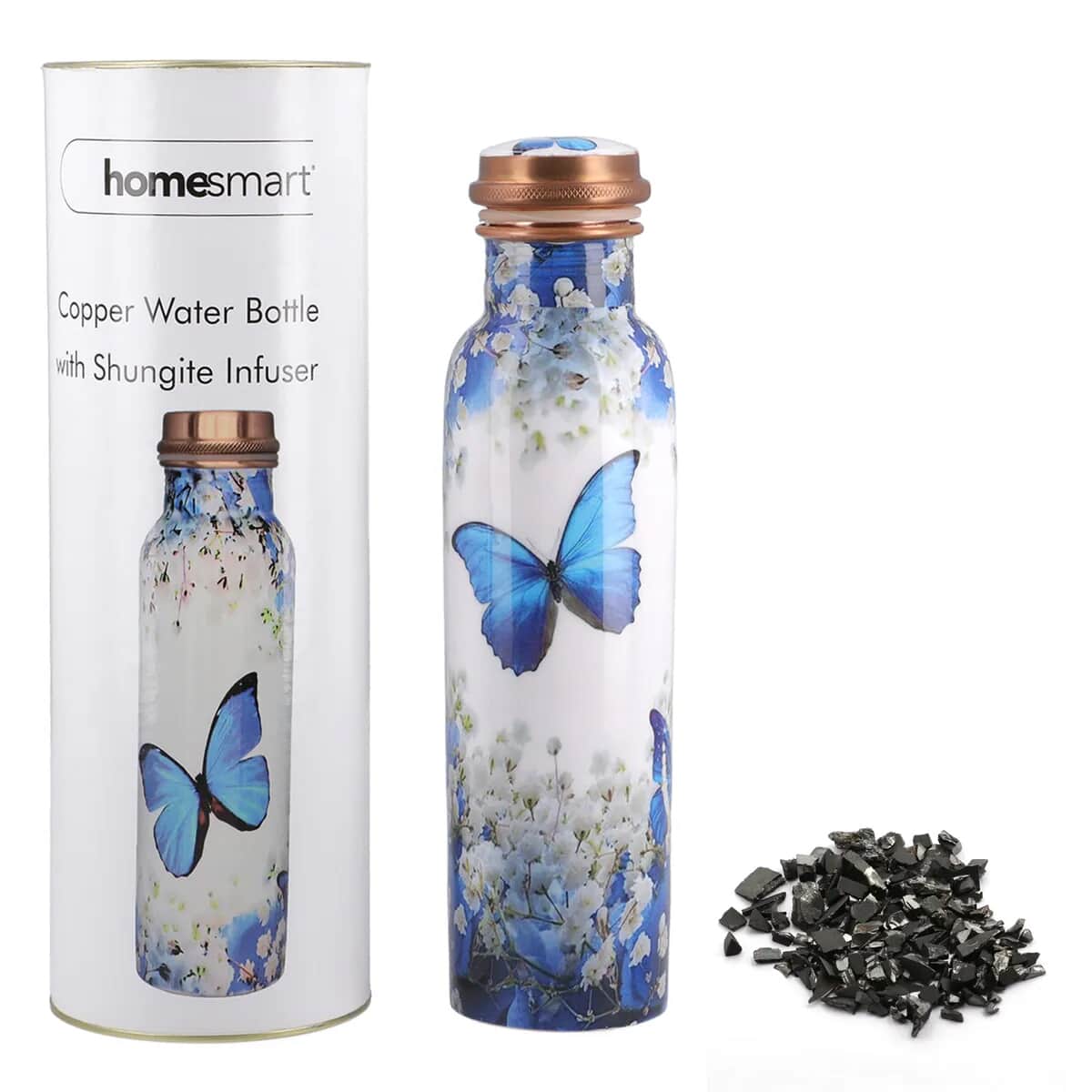 Homesmart Light Blue Butterfly Printed Solid Copper Bottle with Shungite and Copper Infuser 33.81 oz, Copper Water Bottle, Infused Bottle, Infuser Water Bottle, Water Infuser image number 0