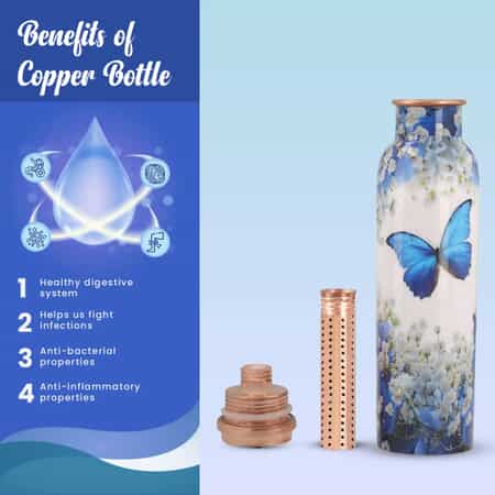 Homesmart Light Blue Butterfly Printed Solid Copper Bottle with Shungite and Copper Infuser 33.81 oz, Copper Water Bottle, Infused Bottle, Infuser Water Bottle, Water Infuser image number 3