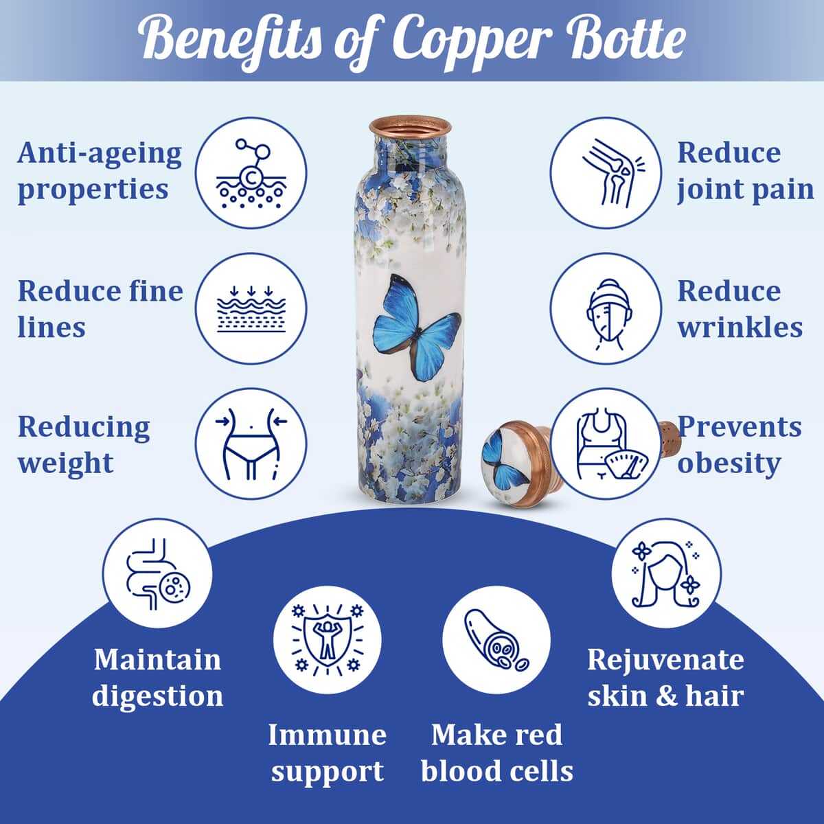 Homesmart Light Blue Butterfly Printed Solid Copper Bottle with Shungite and Copper Infuser 33.81 oz, Copper Water Bottle, Infused Bottle, Infuser Water Bottle, Water Infuser image number 4