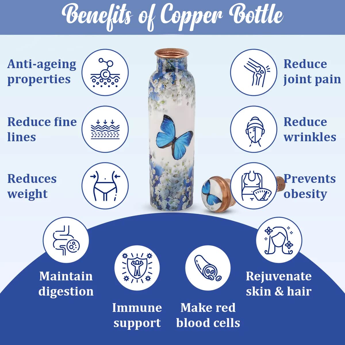 Homesmart Light Blue Butterfly Printed Solid Copper Bottle with Shungite and Copper Infuser 33.81 oz, Copper Water Bottle, Infused Bottle, Infuser Water Bottle, Water Infuser image number 5