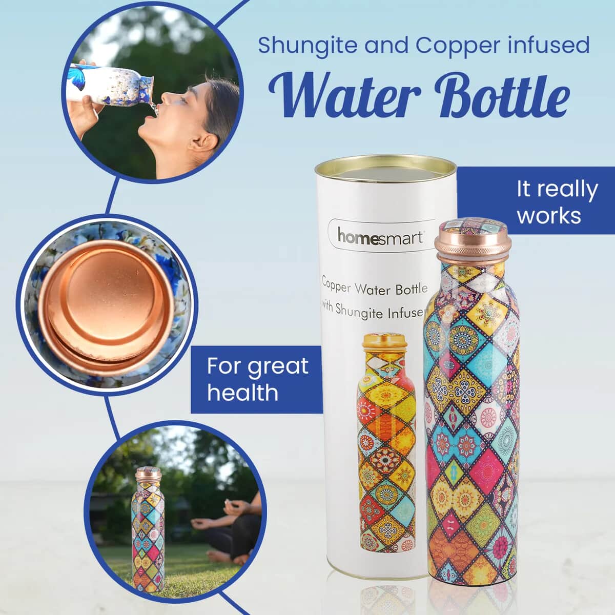 HOMESMART Multi Diamond Printed Solid Copper Bottle with Elite Shungite and Copper Infuser 33.81 oz , Copper Water Bottle , Infused Bottle , Infuser Water Bottle , Water Infuser image number 2