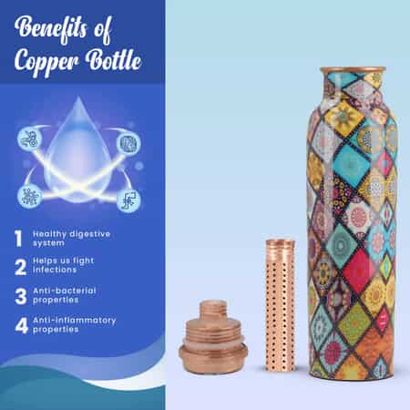 HOMESMART Multi Diamond Printed Solid Copper Bottle with Elite Shungite and Copper Infuser 33.81 oz , Copper Water Bottle , Infused Bottle , Infuser Water Bottle , Water Infuser image number 3