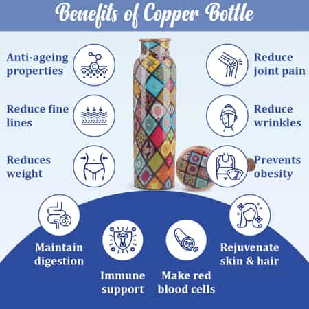 HOMESMART Multi Diamond Printed Solid Copper Bottle with Elite Shungite and Copper Infuser 33.81 oz , Copper Water Bottle , Infused Bottle , Infuser Water Bottle , Water Infuser image number 4