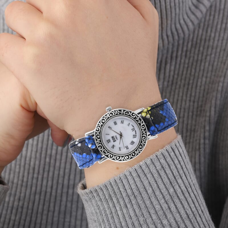 Bali Legacy Eon 1962 Swiss Movement Sterling Silver MOP Dial Watch with Multi Color 100% Genuine Python Leather Band