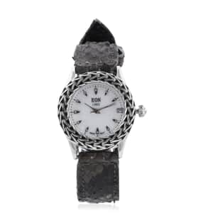 Bali Legacy Eon 1962 Swiss Movement Sterling Silver MOP Dial Watch with Dark Gray 100% Genuine Python Leather Band