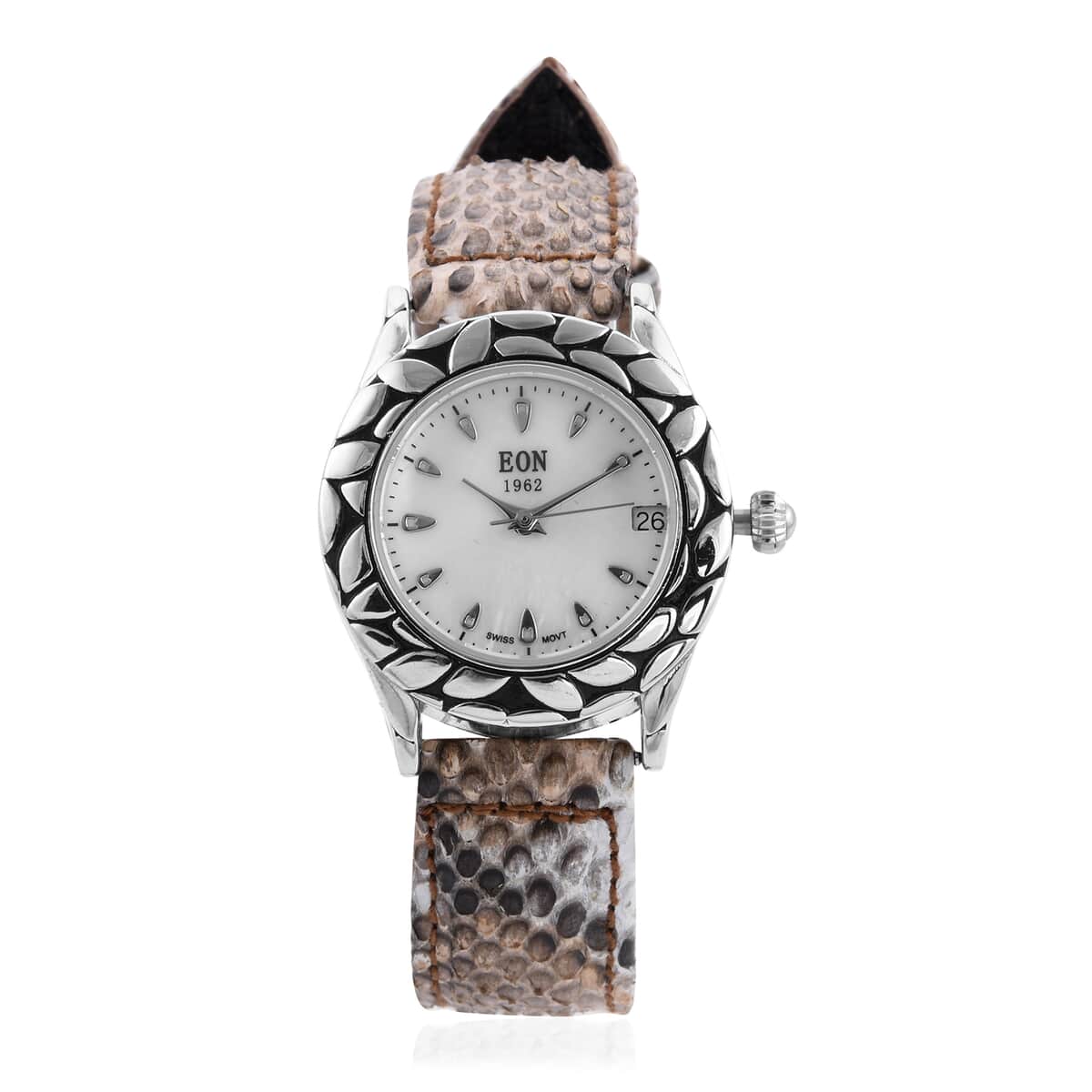 Bali Legacy Eon 1962 Swiss Movement Sterling Silver MOP Dial Watch with Brown and White Python Leather Band image number 0