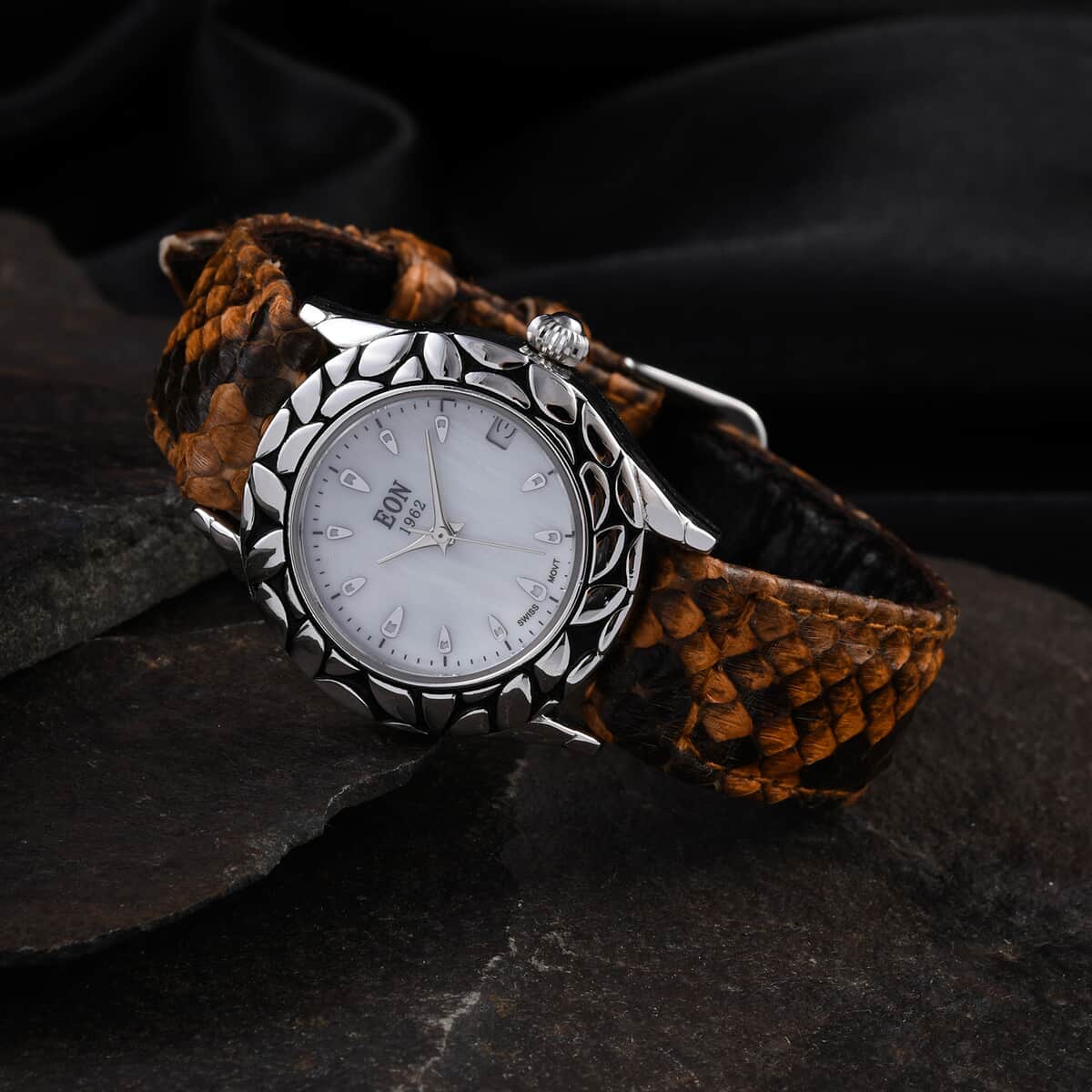 Bali Legacy Eon 1962 Swiss Movement Sterling Silver MOP Dial Watch with Brown 100% Genuine Python Leather Band image number 1