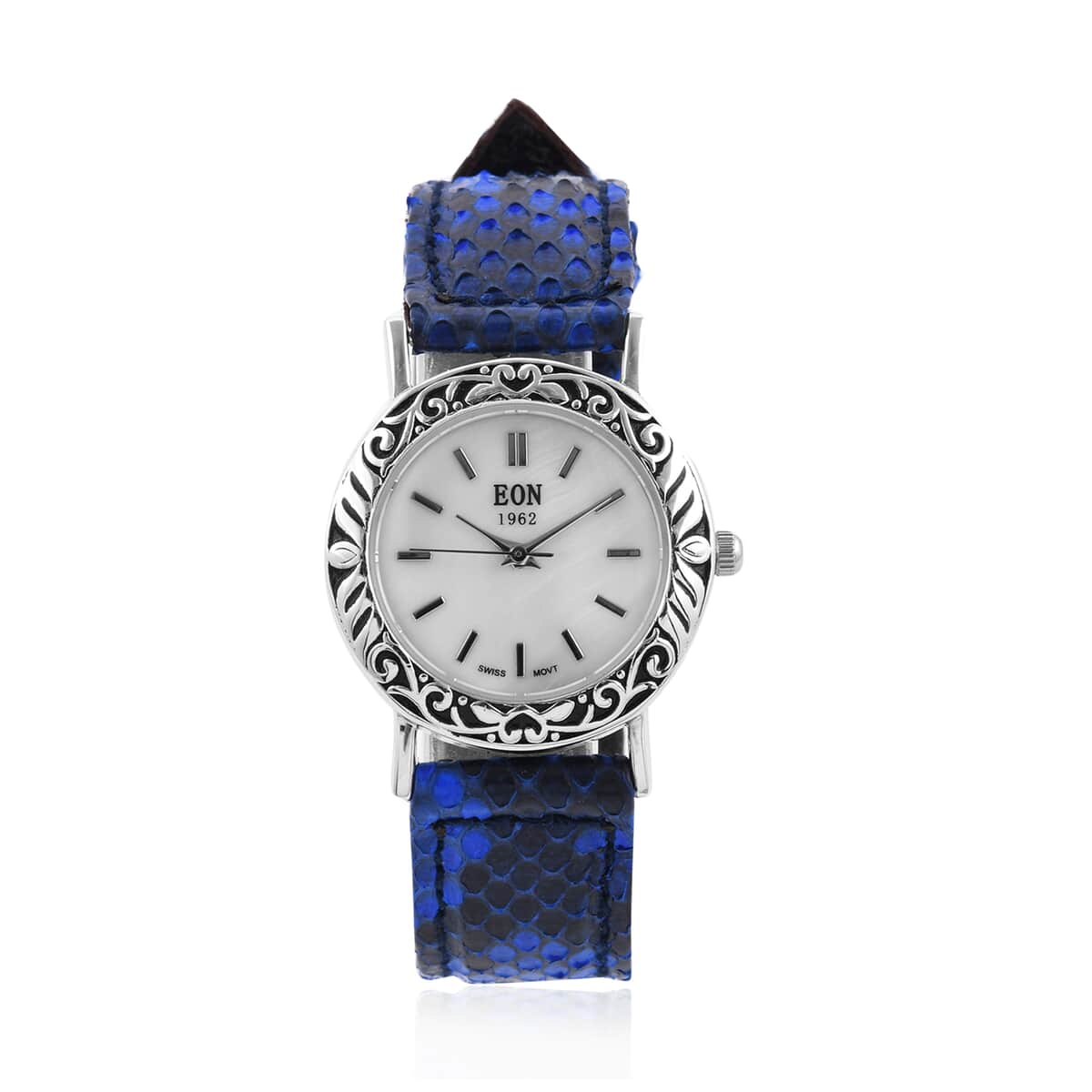 Bali Legacy Eon 1962 Swiss Movement Sterling Silver MOP Dial Watch with Blue 100% Genuine Python Leather Band image number 0