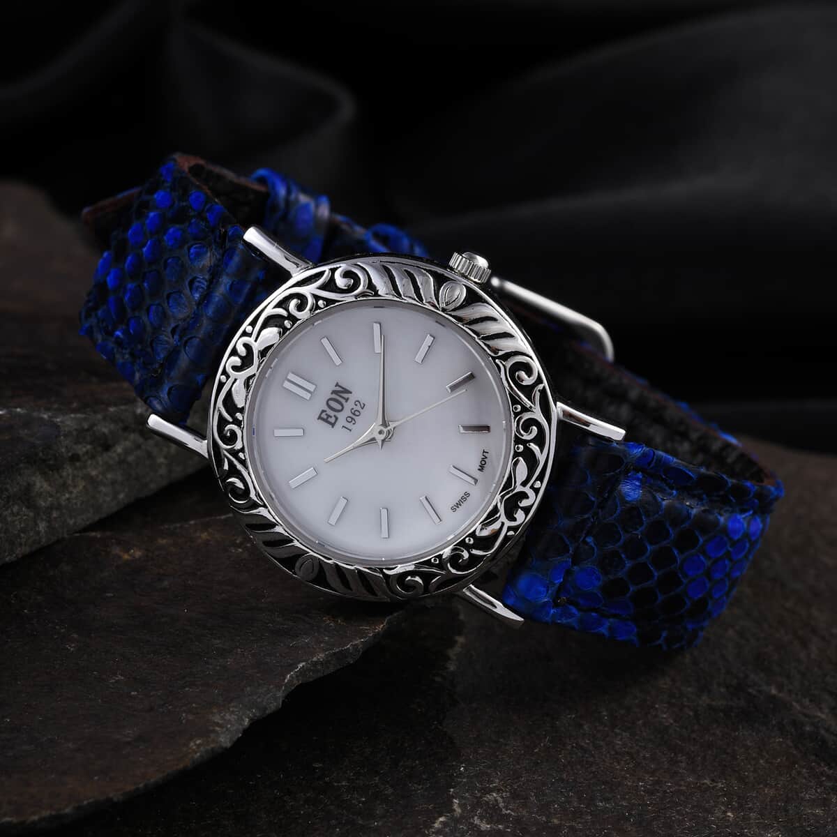 Bali Legacy Eon 1962 Swiss Movement Sterling Silver MOP Dial Watch with Blue 100% Genuine Python Leather Band image number 1