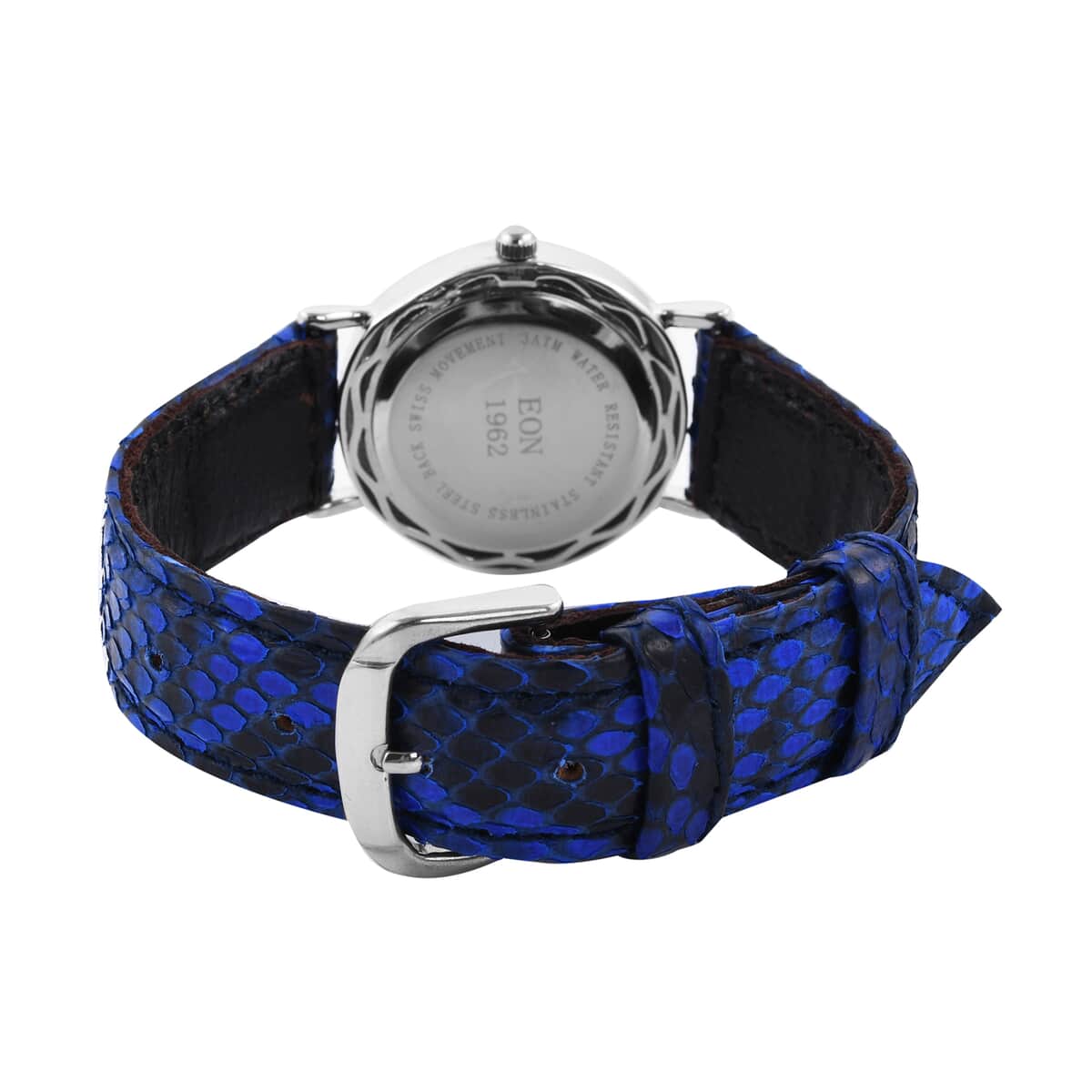 Bali Legacy Eon 1962 Swiss Movement Sterling Silver MOP Dial Watch with Blue 100% Genuine Python Leather Band image number 3