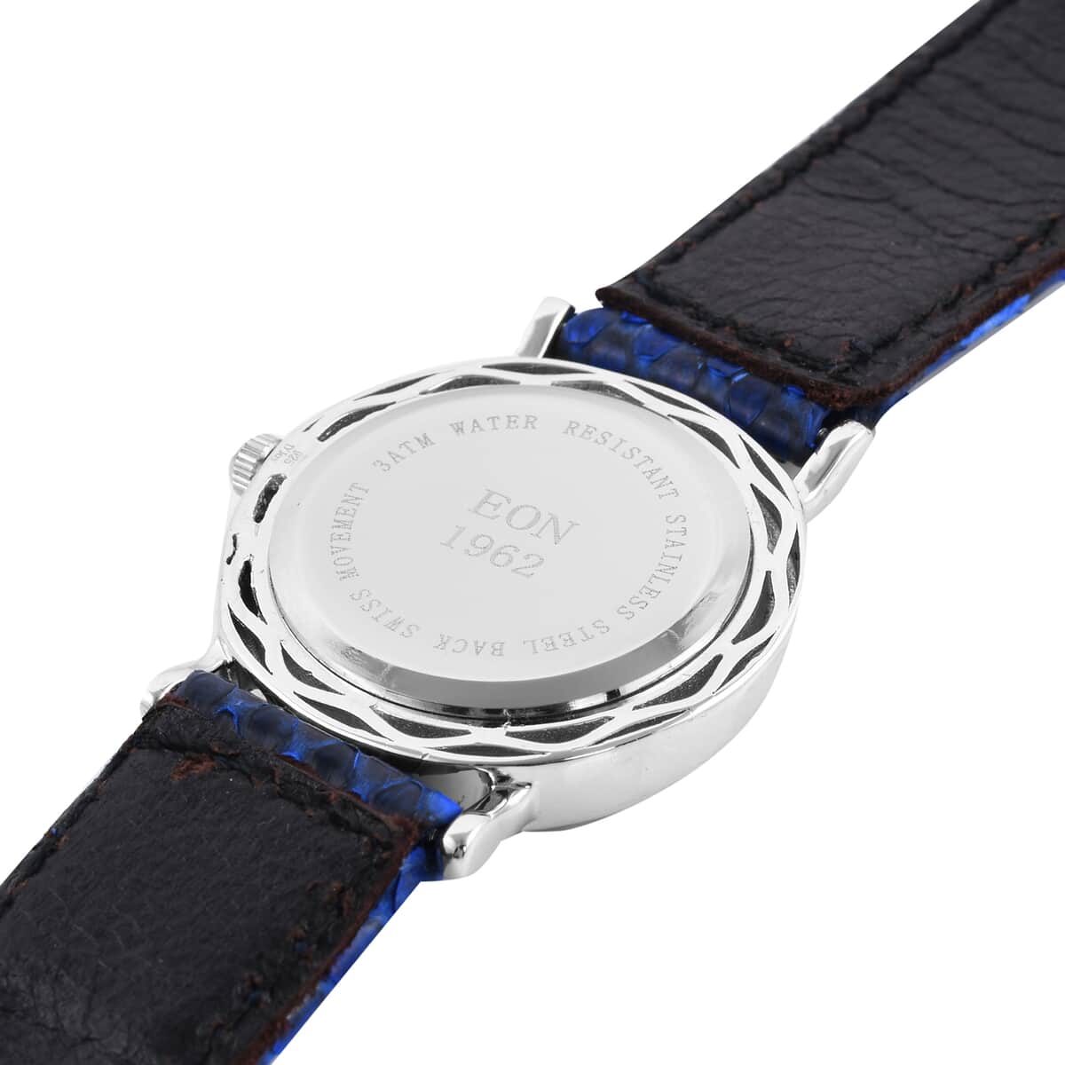 Bali Legacy Eon 1962 Swiss Movement Sterling Silver MOP Dial Watch with Blue 100% Genuine Python Leather Band image number 4