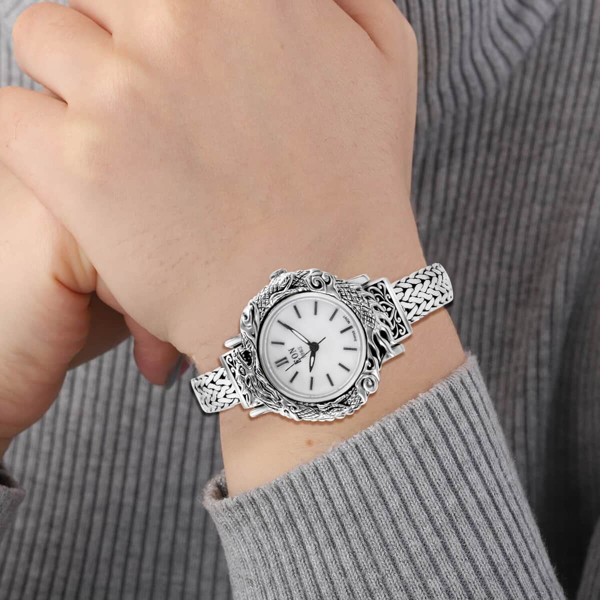 Bali Legacy Eon 1962 Swiss Movement MOP Dial Dragon Case Bracelet Watch in Sterling Silver (8.00 in), Vintage Casual Bracelet Watch, Best Everyday Luxury Minimal Women's Watch, Analogue Watches image number 2