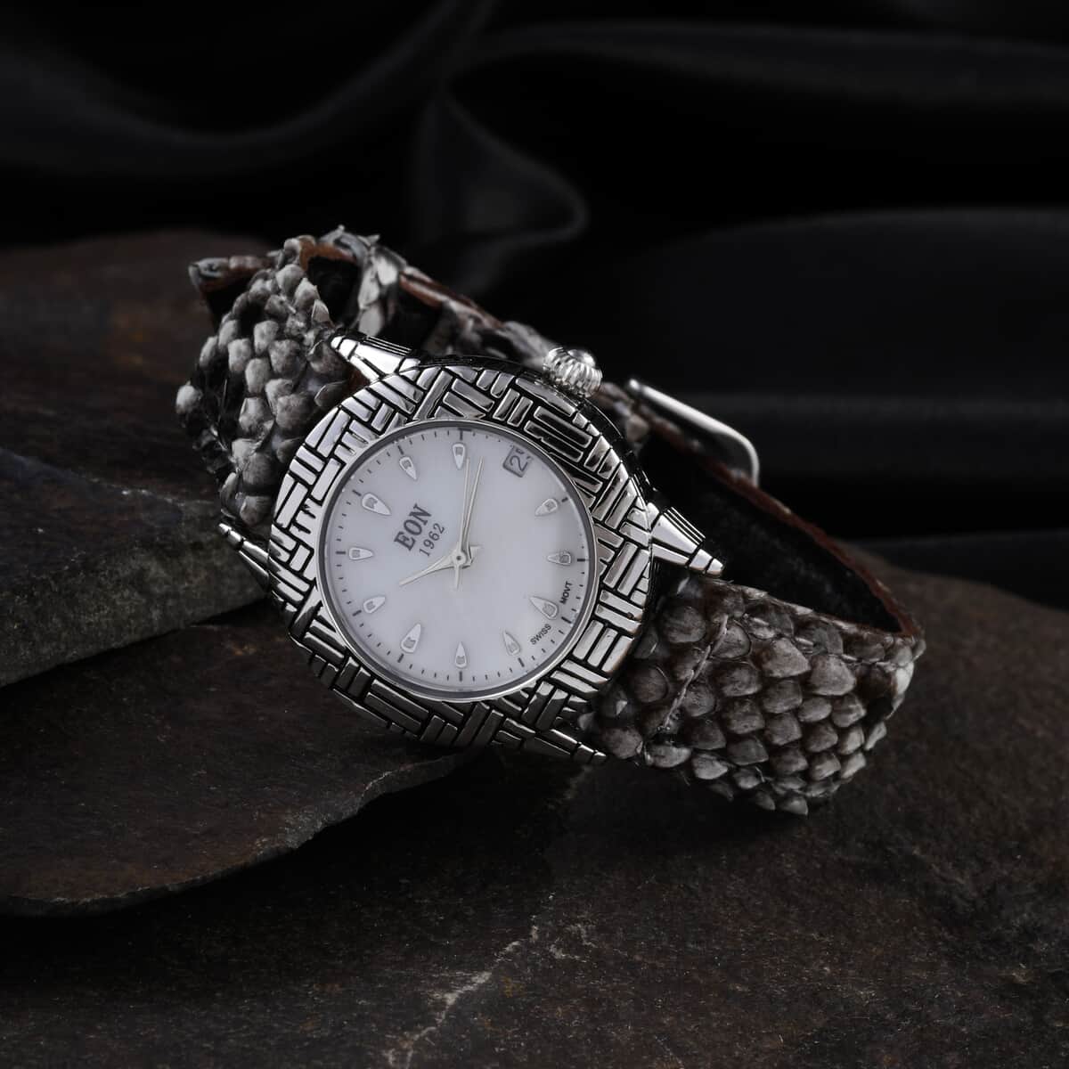 Bali Legacy Eon 1962 Swiss Movement Sterling Silver MOP Dial Watch with Silver Gray Color Python Leather Band image number 1