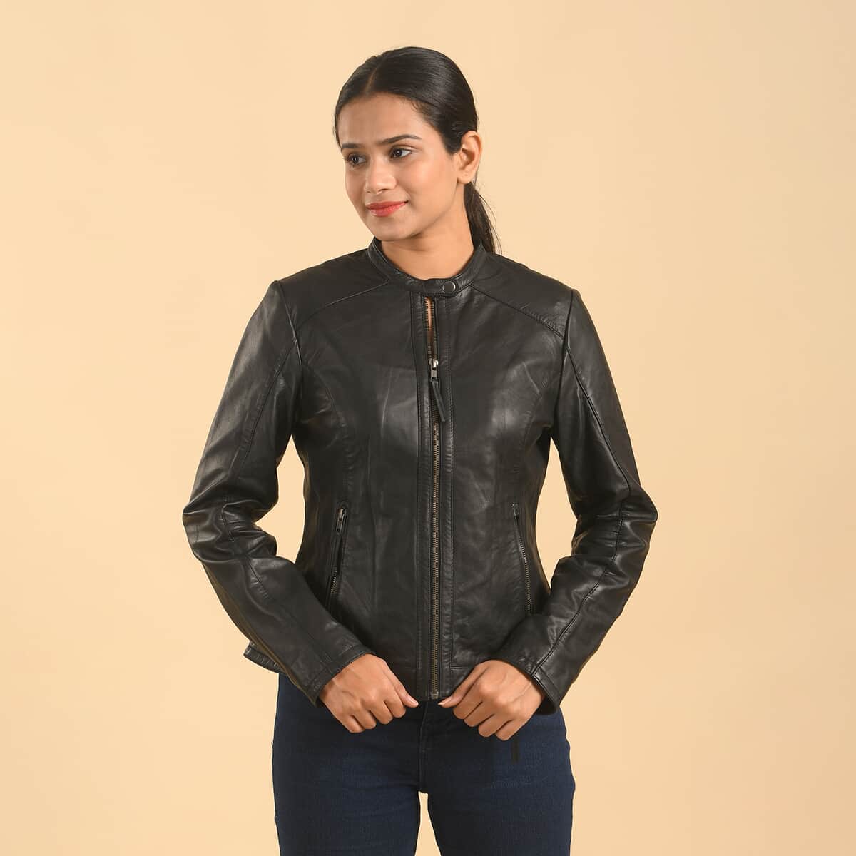 LA MAREY Black Lambskin Genuine Leather Scuba Jacket Womens with Zip Front- (L) image number 0